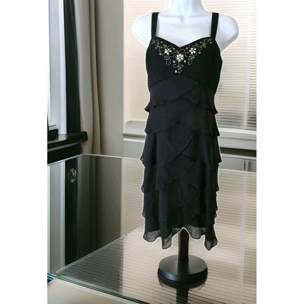 S.L. Fashions Sheath Dress 10 Black Beaded Ruffled Knee Length Padded Flirty